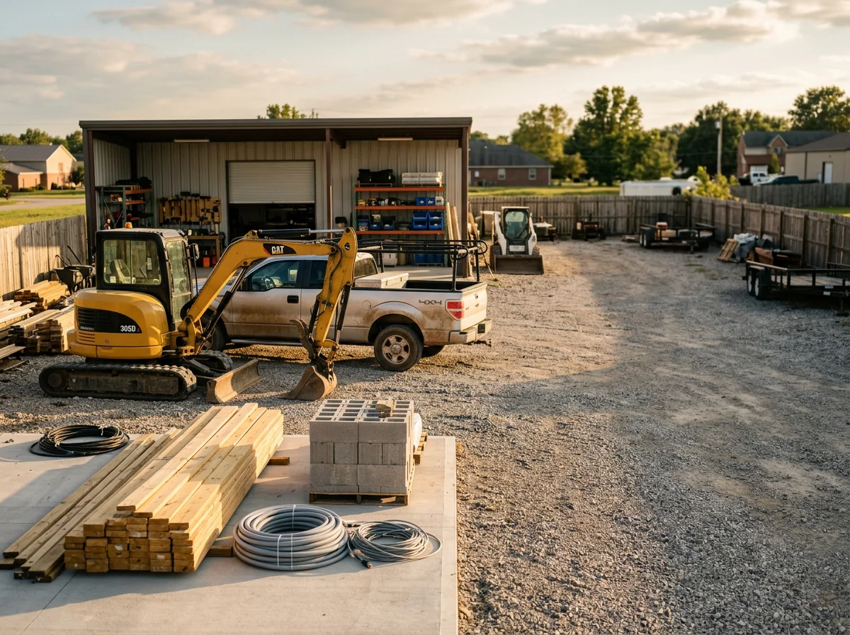 Construction site with tools, materials, and equipment ready for residential or commercial building projects.