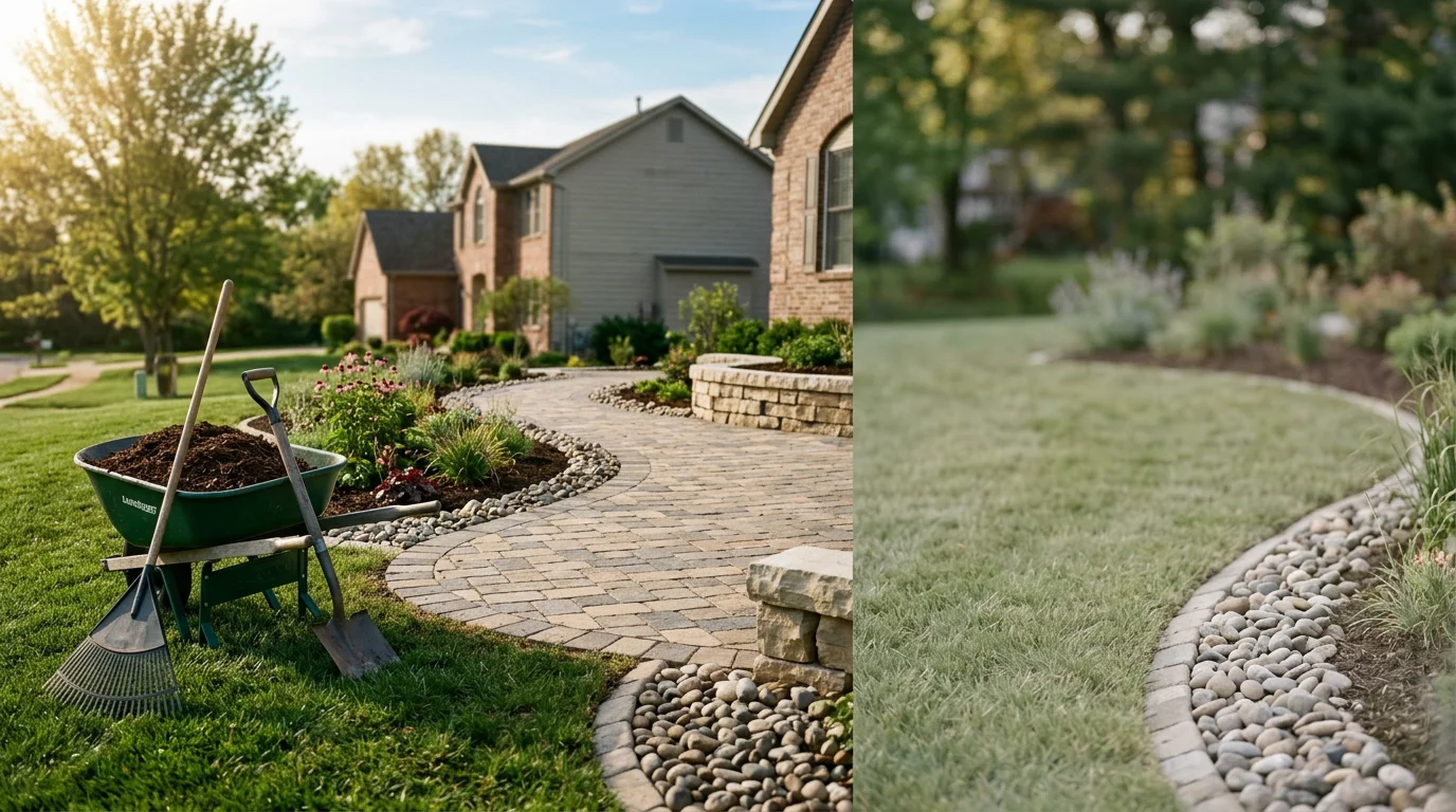 Landscaping crew installing hardscape and plantings in residential yard