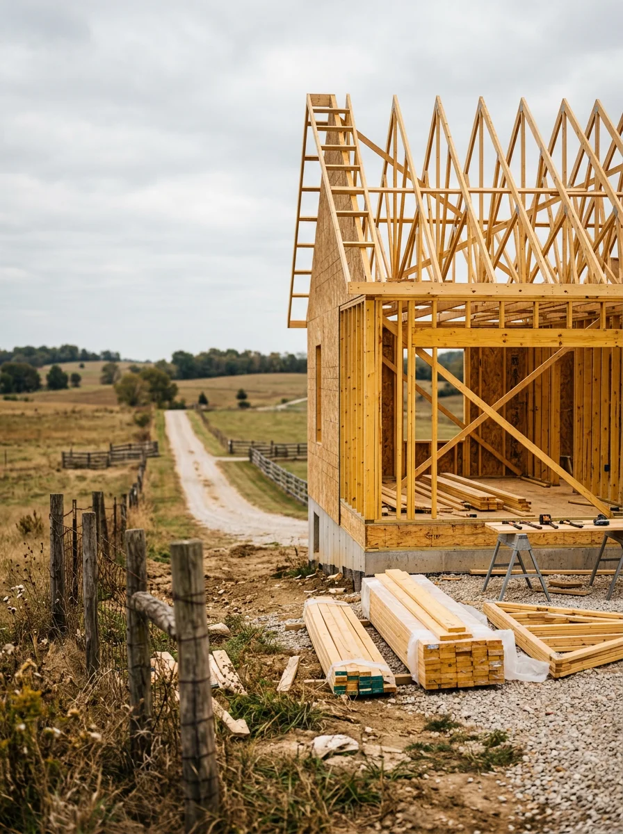 A general contractor framing a custom home on a rural build site near Jonesburg, MO, with a long gravel driveway and Warren County farmland in the background.