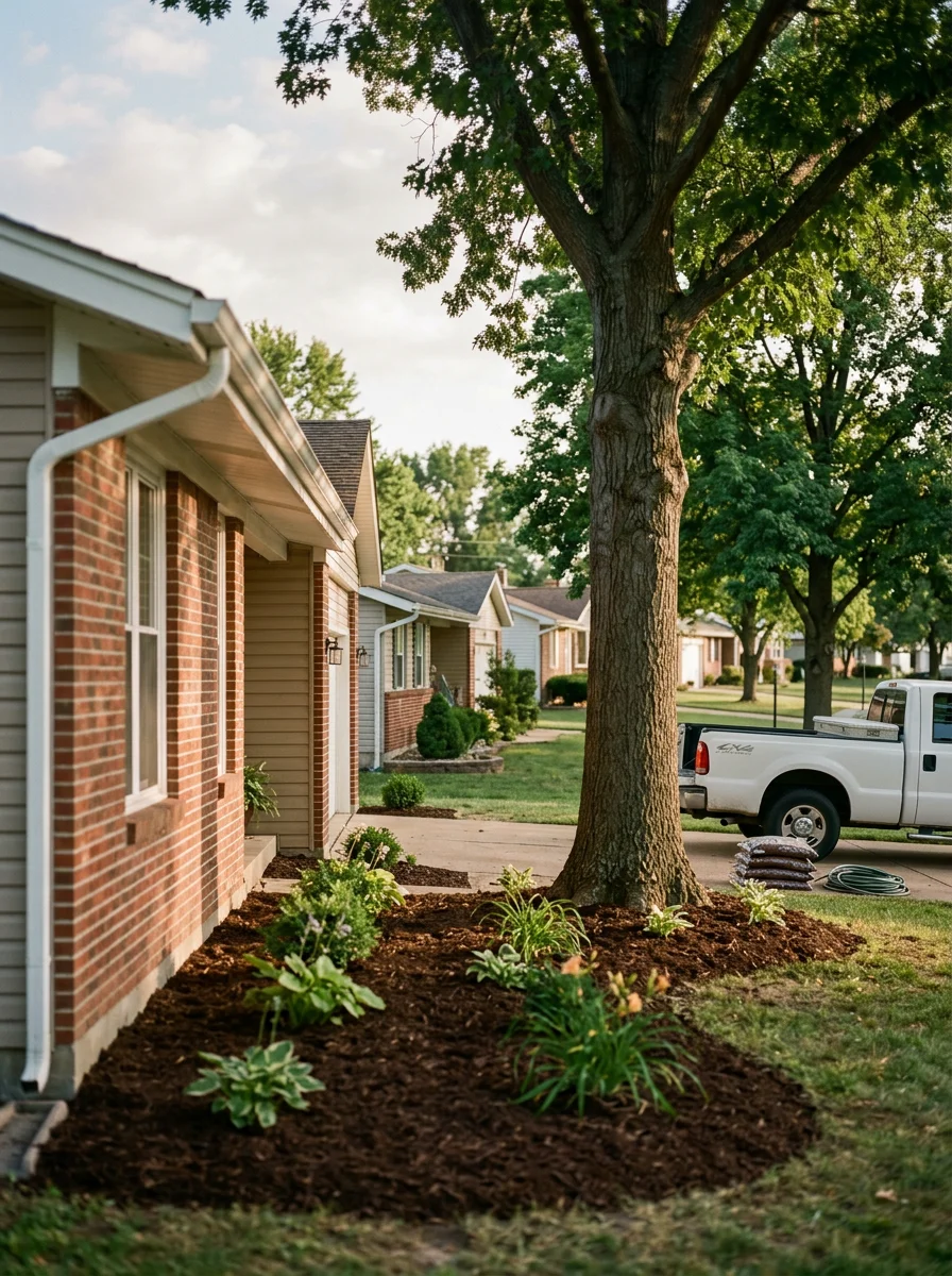 A remodeling crew updating the kitchen of a 1980s-era single-family home in an O'Fallon, MO residential neighborhood, with new cabinetry being installed.