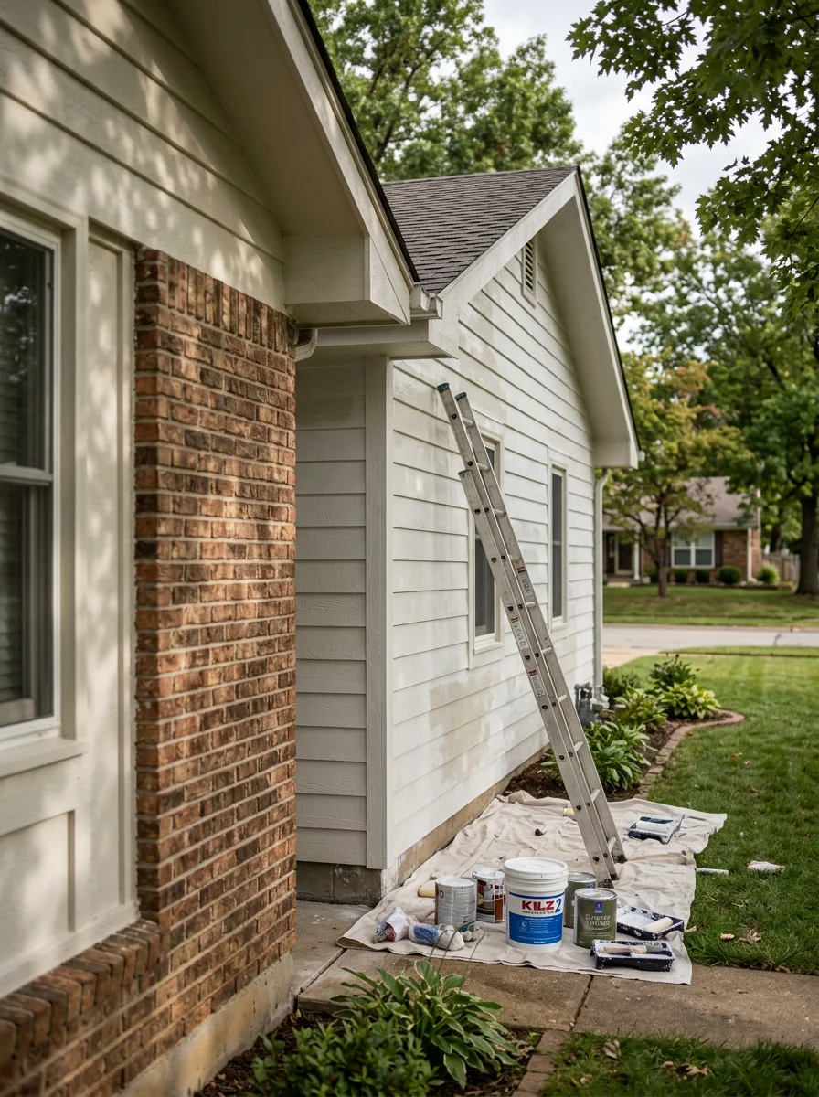 A painter applying fresh exterior coating to a 1980s-era ranch home in a St. Charles, MO subdivision, with surface prep work completed and primer coat visible.
