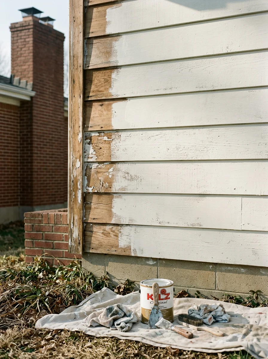 A painter stripping and recoating the exterior wood siding of a midcentury home in a St. Peters, MO neighborhood, with surface prep tools and primer visible.