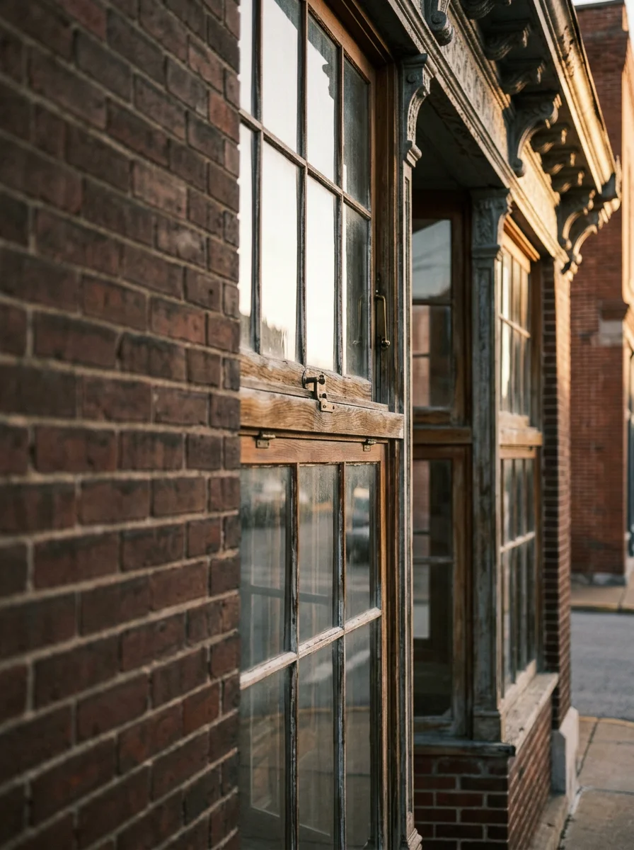 A carpenter repairing original wood framing and trim inside a 19th-century commercial building in Troy, Missouri's historic downtown district.