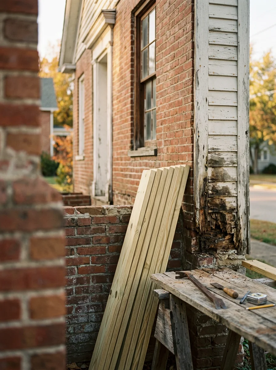 Close-up of a carpenter repairing wood rot on the exterior trim of an older home near downtown Warrenton, MO, with fresh siding boards ready to install.