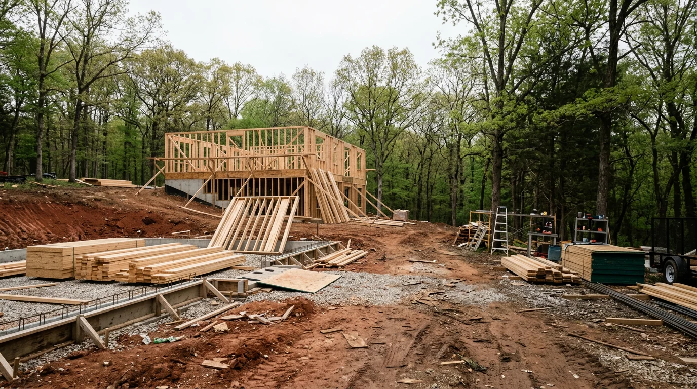 A general contractor framing a new residential build on a wooded acreage lot outside Warrenton, Missouri, with lumber stacked and foundation forms visible.