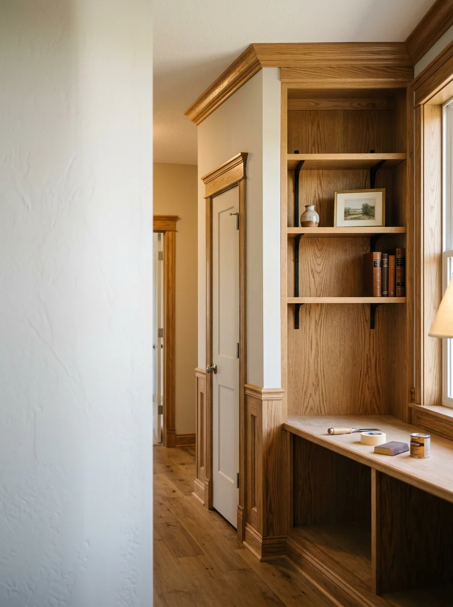 A carpenter installing custom interior trim and built-in shelving inside a newly completed home in a Wentzville, MO subdivision.