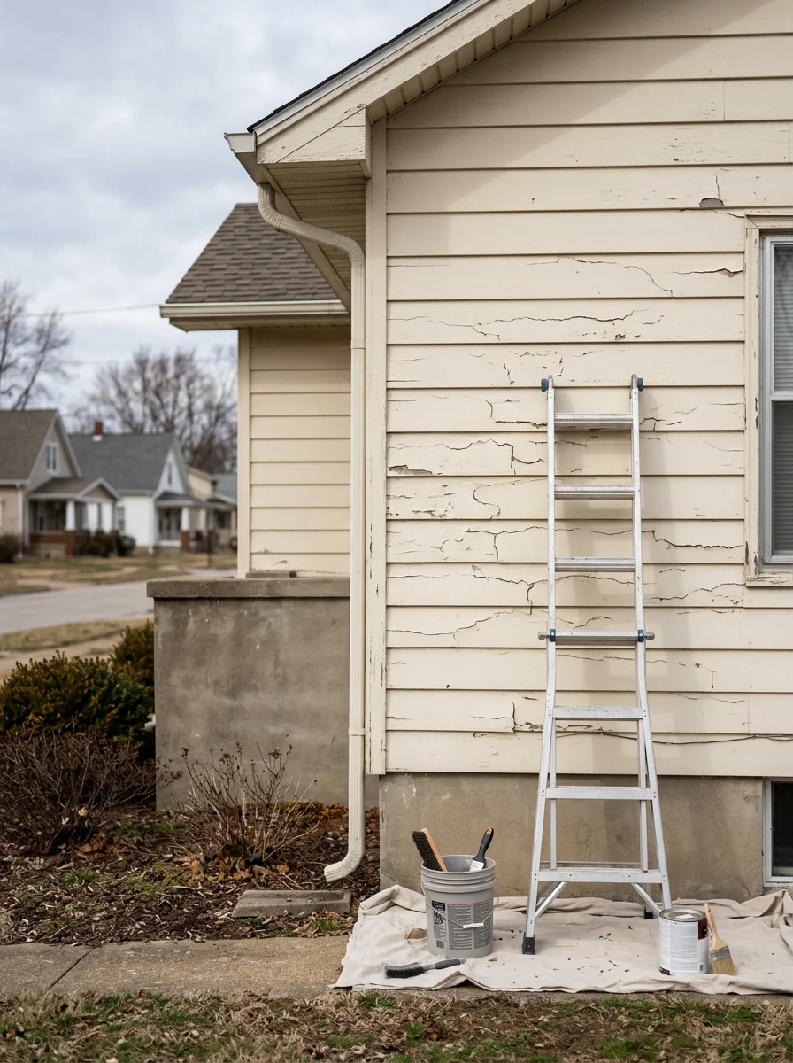 A painter prepping and recoating the exterior siding of an older single-family home in Wright City, MO, with surface damage from freeze-thaw cycles visible before treatment.