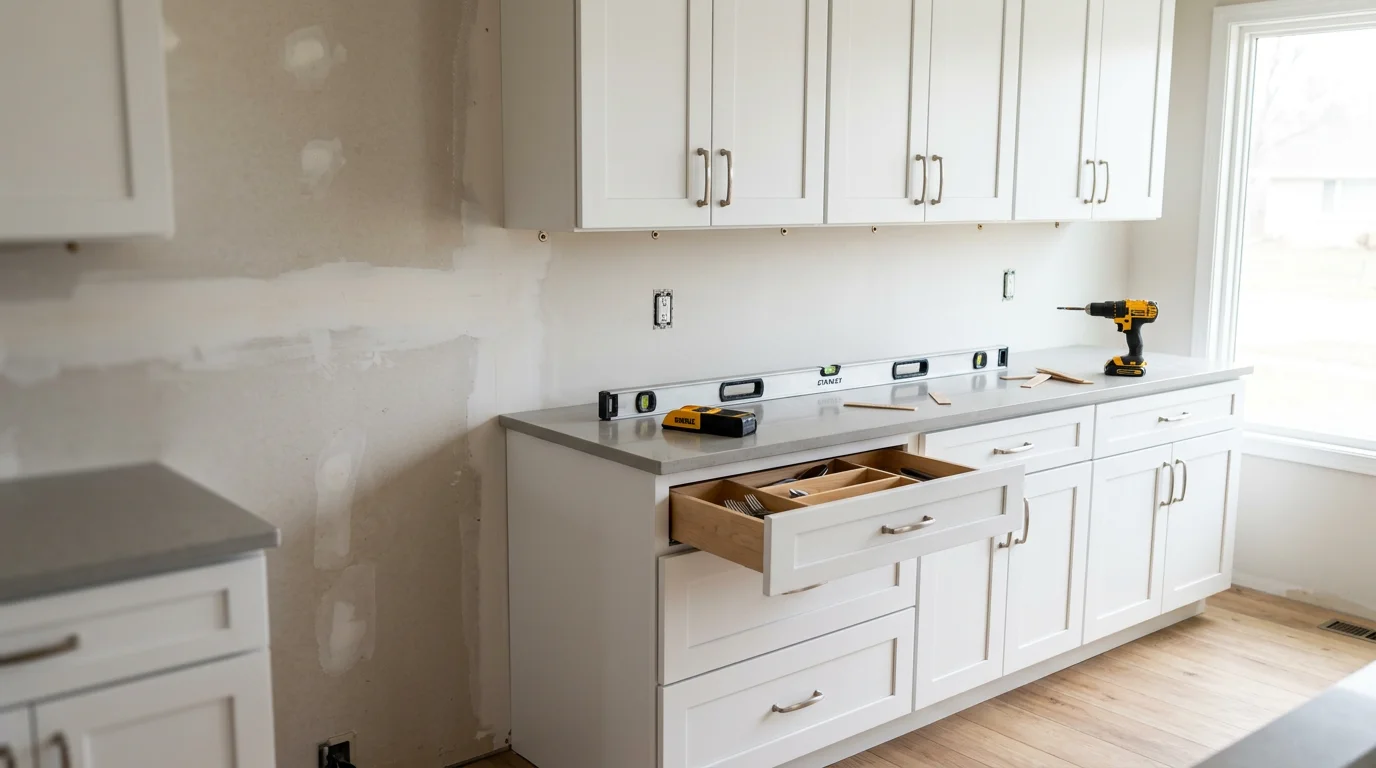 Newly installed kitchen cabinets in a Warrenton, Missouri home, showing wall cabinets anchored above base cabinets with aligned doors and clean trim lines. A carpenter checks cabinet alignment during installation in a residential kitchen.