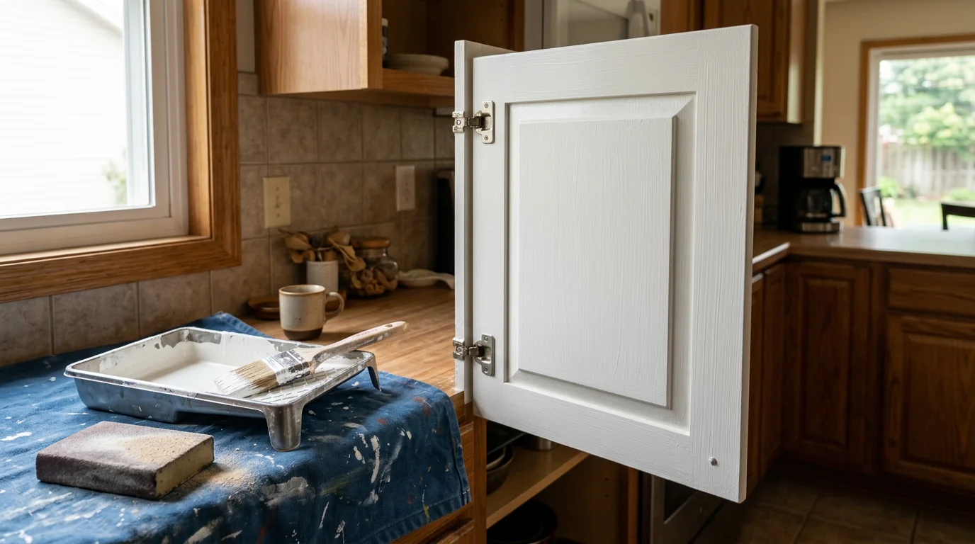 Freshly painted white kitchen cabinets in a Warrenton home, showing clean door frames and smooth flat panels after professional cabinet painting by Raven Construction.