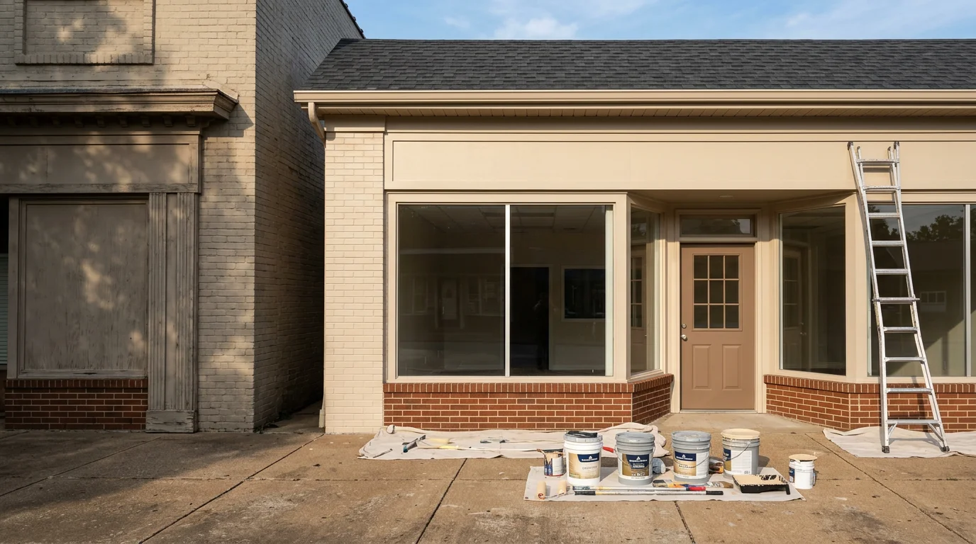 A freshly painted commercial building exterior in Warrenton, Missouri, showing clean, even wall surfaces along a highway commercial corridor. The finished paint coat covers a multi-bay business property with no visible fading, peeling, or surface damage.