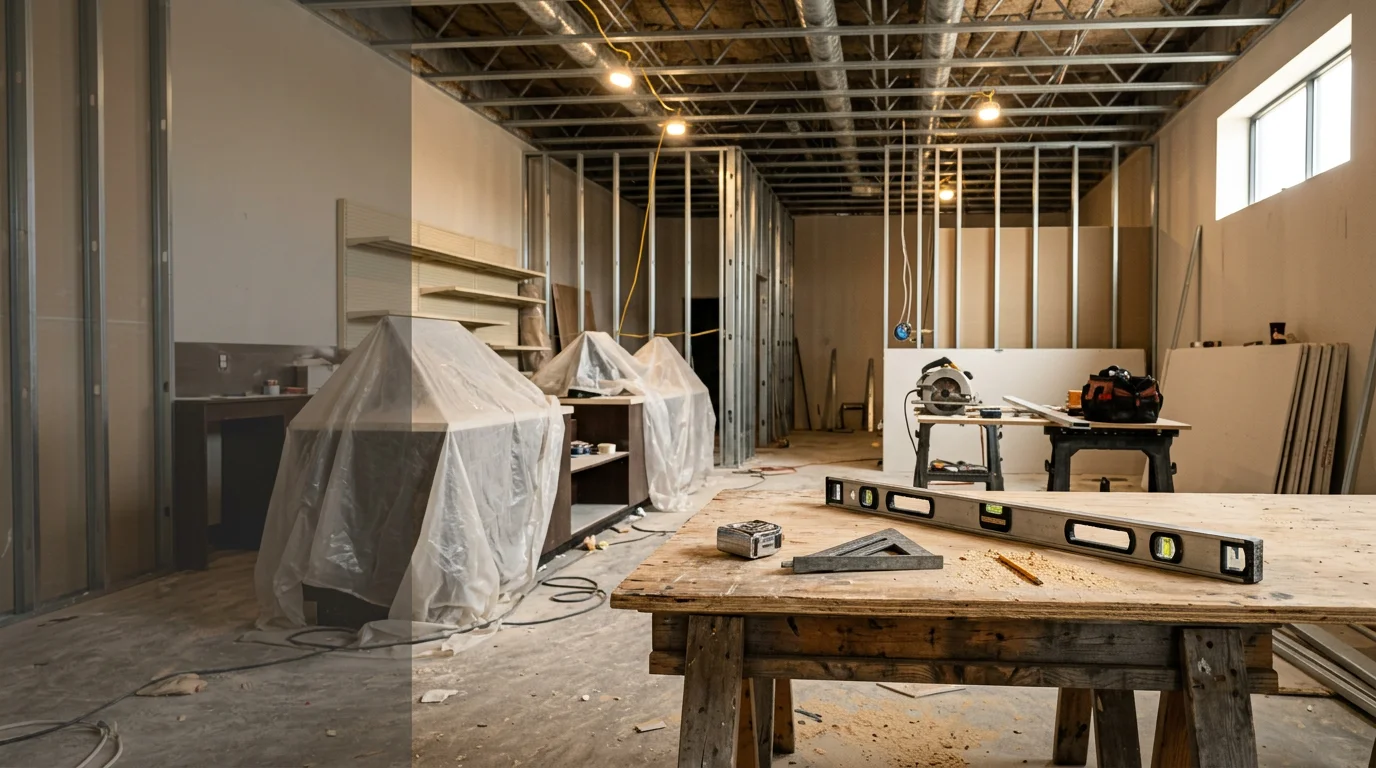 Interior of a commercial space mid-remodel in Warrenton, Missouri, showing new framing and open floor plan work in progress. A general contractor inspects the layout of a retail or office building being updated by Raven Construction.