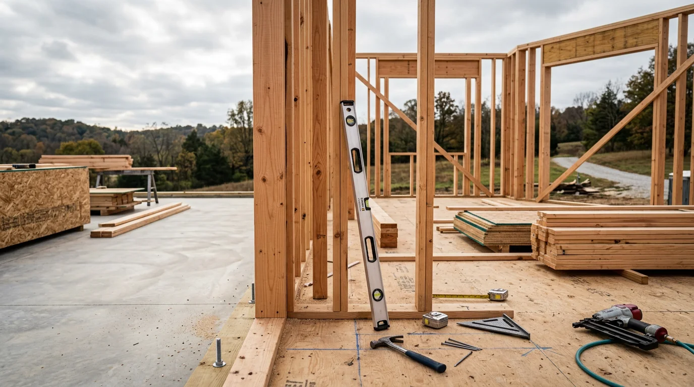 A newly completed custom home on a residential lot in Warrenton, Missouri, featuring a front elevation with a covered entry and attached garage. The home sits on a cleared lot with surrounding Warren County landscape visible in the background.