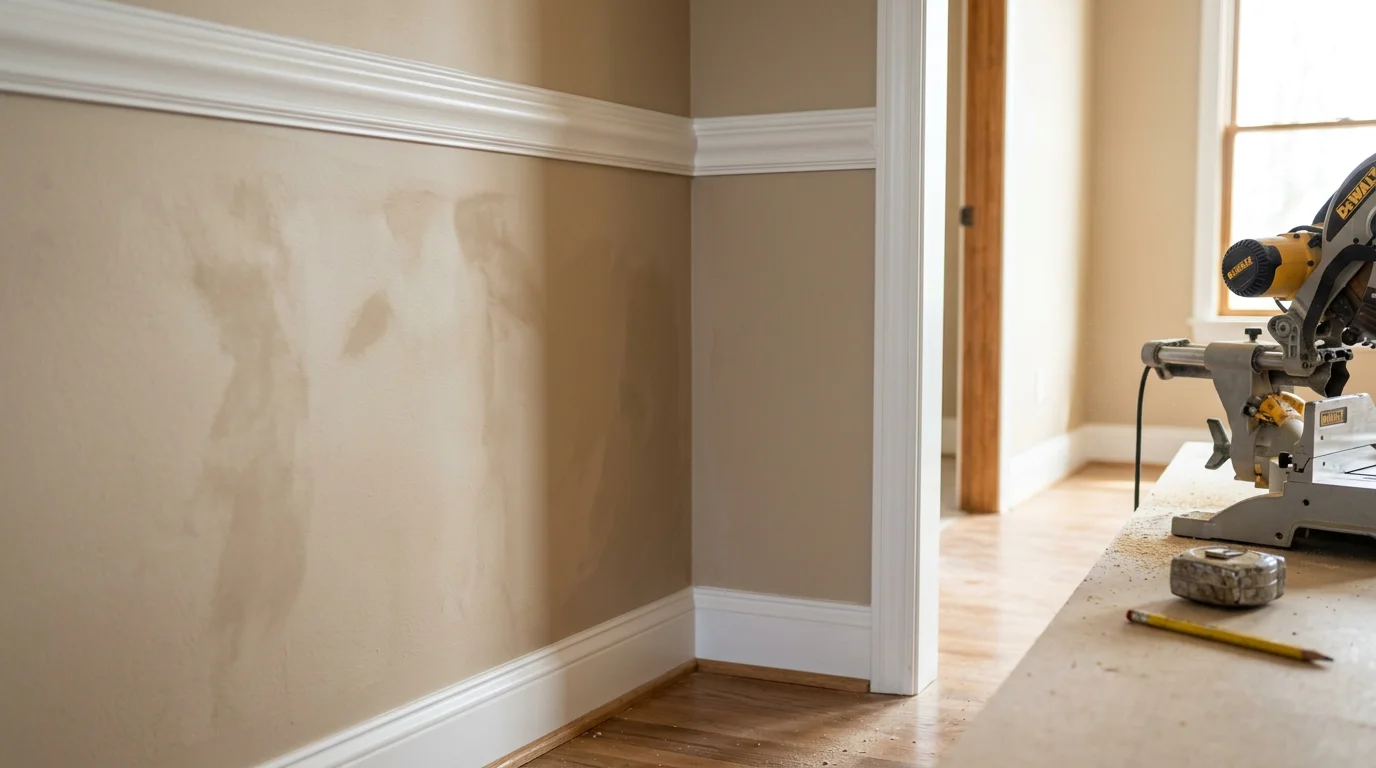 Custom crown molding and baseboard trim installed in a residential living room in Warrenton, Missouri. Tight miter joints at the corners and clean casing around the doorway show finished carpentry work by Raven Construction.