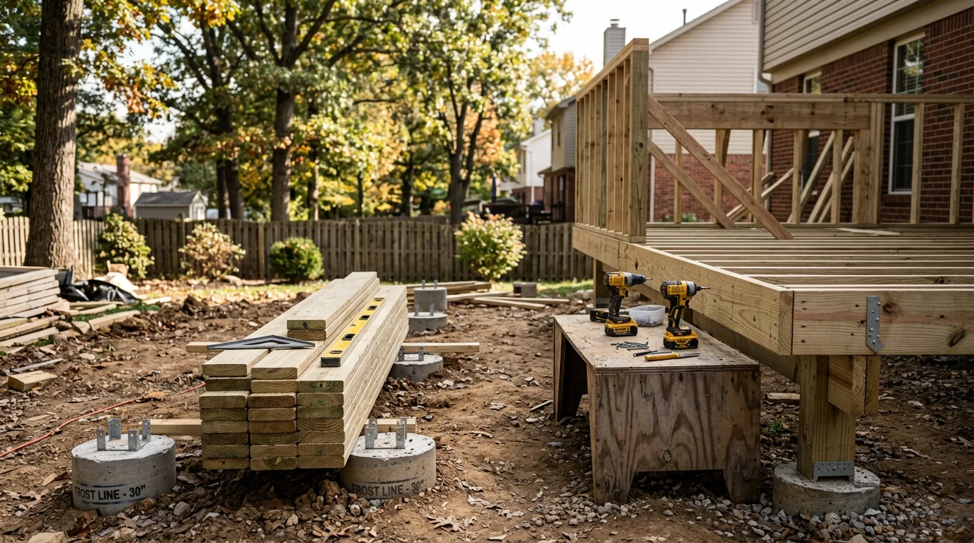 A newly built wood deck attached to the back of a residential home in Warrenton, Missouri, with clean framing, a stair landing, and a railed perimeter. The surrounding yard shows a typical Warren County property with open backyard space.