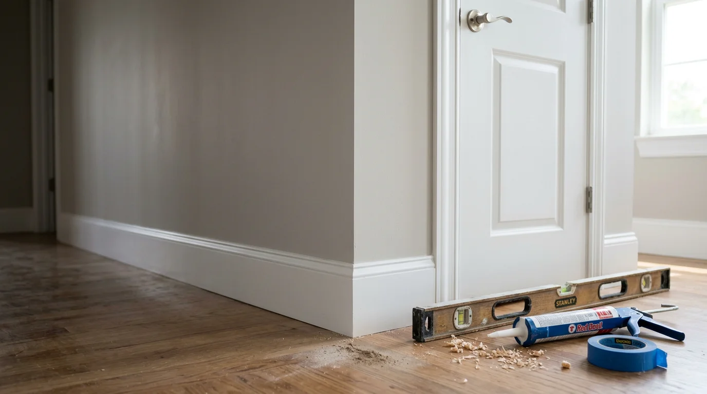 Finished interior room in a Warrenton, Missouri home showing clean white baseboards, door casing, and window trim installed by Raven Construction. Close detail view of tight mitered corners where wall trim meets door frame.
