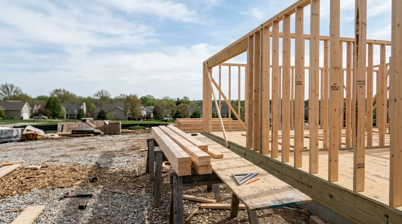 Residential wood framing in progress on a new home in Warrenton, Missouri, showing wall studs, floor joists, and roof structure assembled on a concrete foundation. A carpenter reviews the wall layout on a clear day at an active Warren County job site.