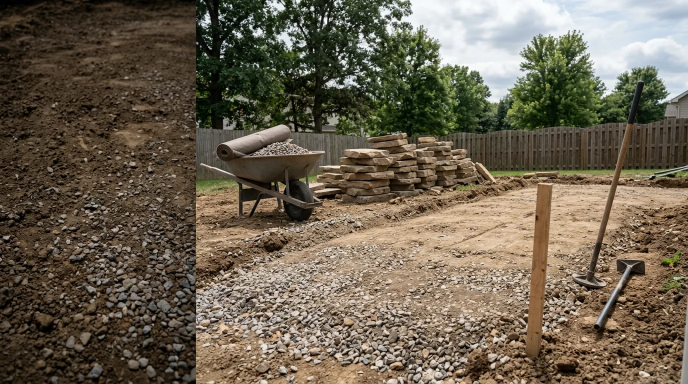 A newly installed stone patio and retaining wall in a Warrenton, Missouri backyard, showing level hardscape surfaces built into a sloped residential lot. The retaining wall holds back a grass slope while the patio provides a flat outdoor living area adjacent to the home.