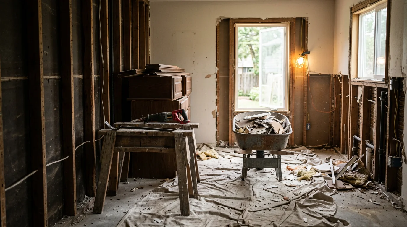 Interior demolition in progress inside a Warrenton, Missouri home, with walls stripped to the studs and flooring removed down to the subfloor. The space is cleared and ready for renovation work to begin.