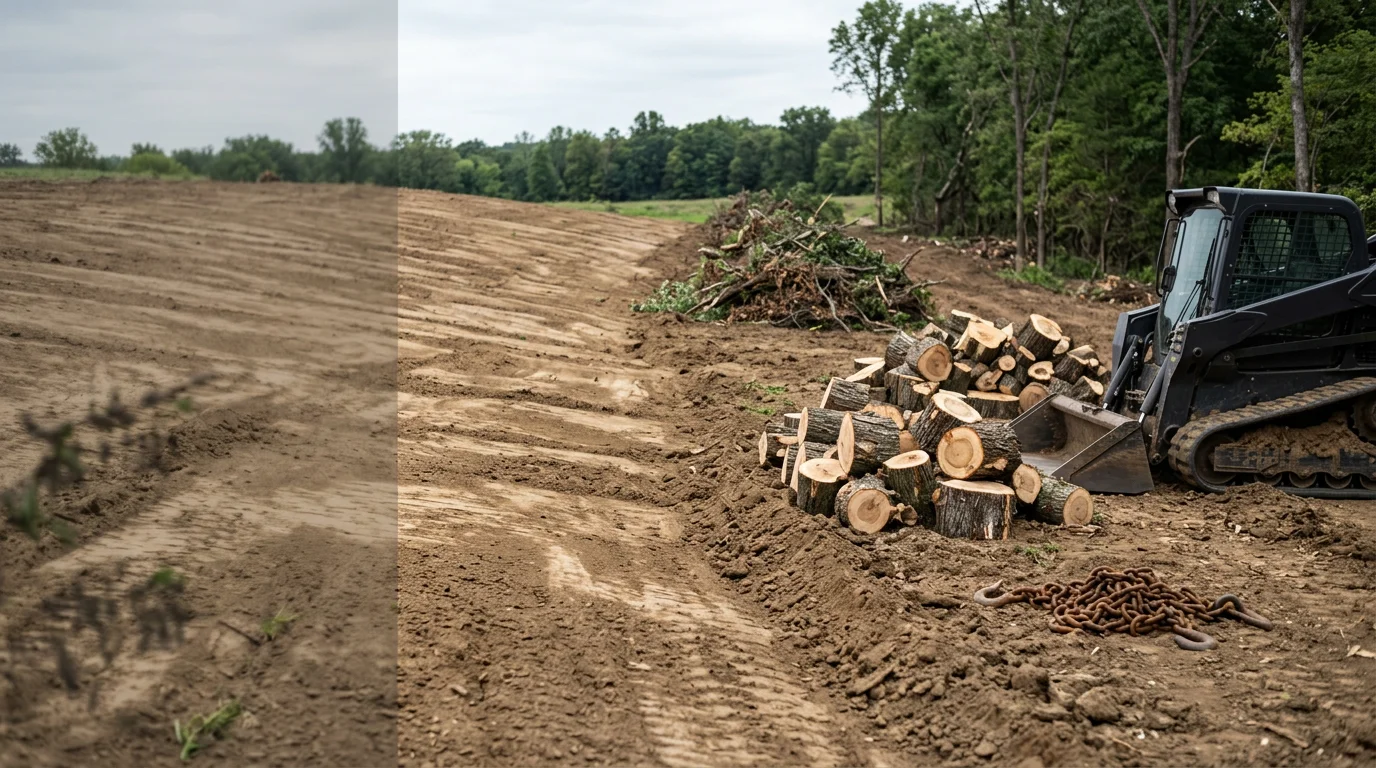 A Warrenton, Missouri residential lot after land clearing, showing open ground with stumps and brush removed and surrounding trees left standing. Warren County clay soil is visible across the cleared area, ready for the next phase of construction or landscaping.