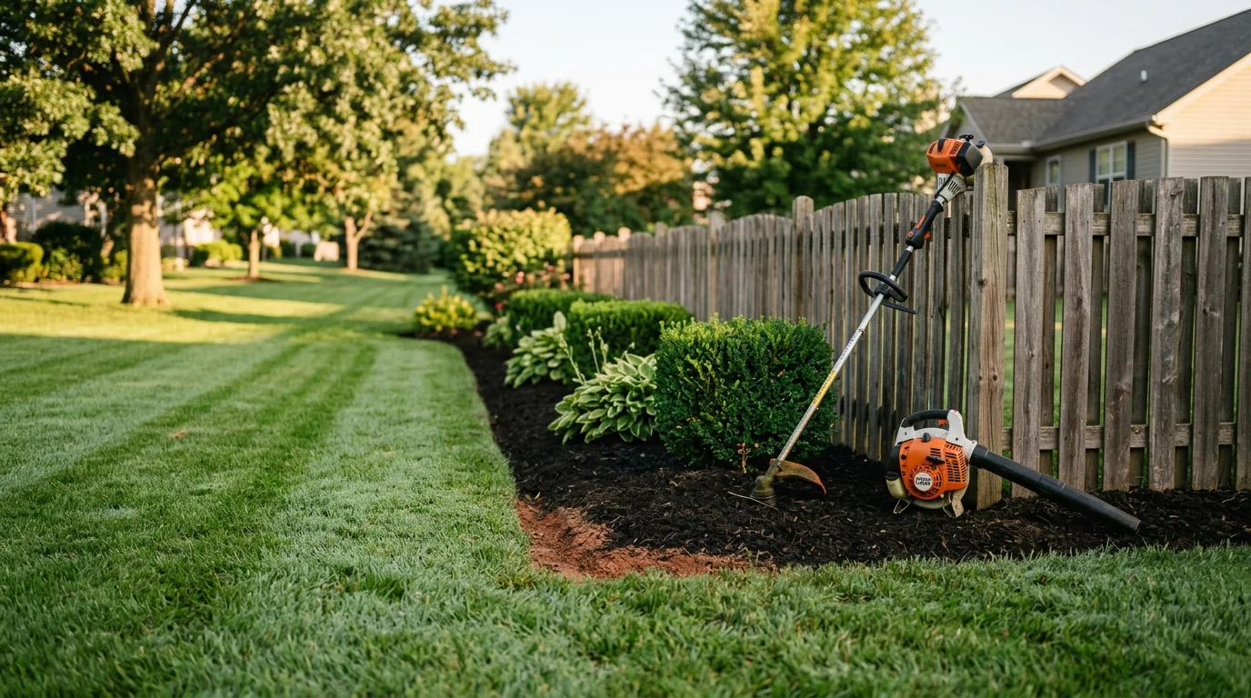 A well-maintained residential landscape in Warrenton, Missouri, showing neatly edged lawn borders, trimmed shrubs, and clean mulched garden beds. The property reflects consistent seasonal upkeep typical of homes in the Warren County area.