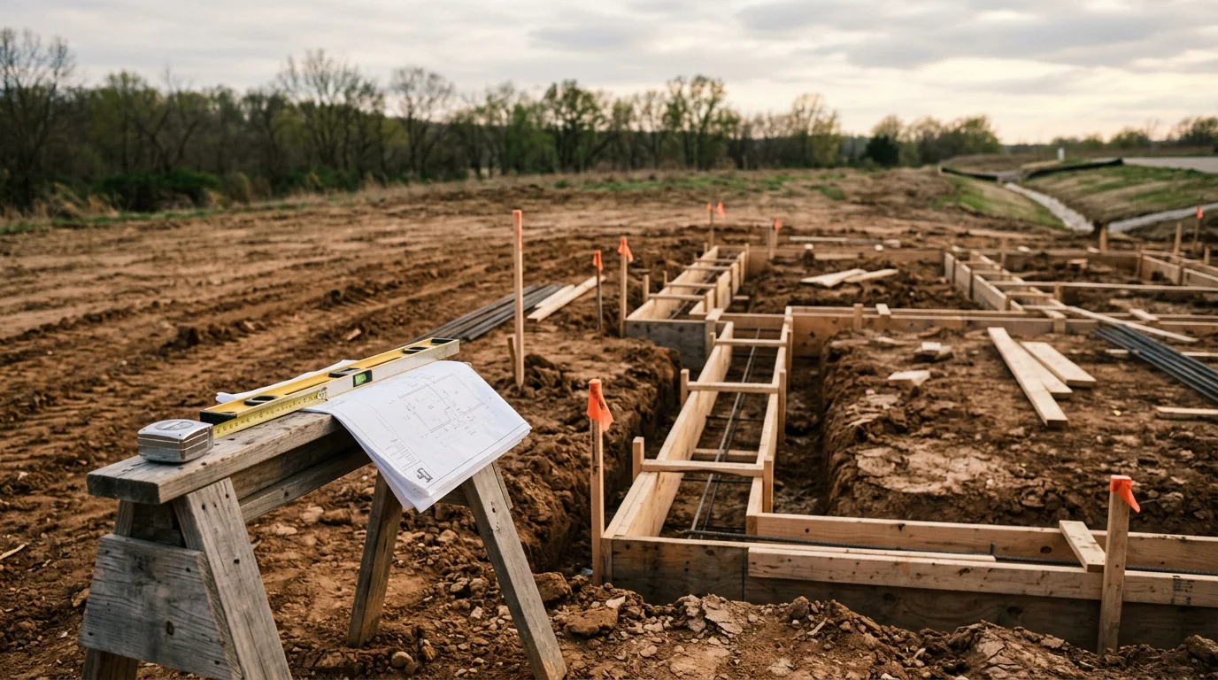 A new construction build in progress in Warrenton, Missouri, showing a framed residential structure on a cleared lot with open sky above. A general contractor reviews the site layout at the foundation stage.