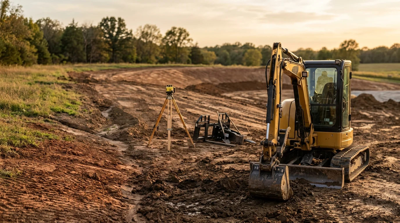 A residential lot in Warrenton, Missouri with freshly graded soil shaped for drainage away from the home. The surface is smooth and level, ready for the next phase of landscaping work.