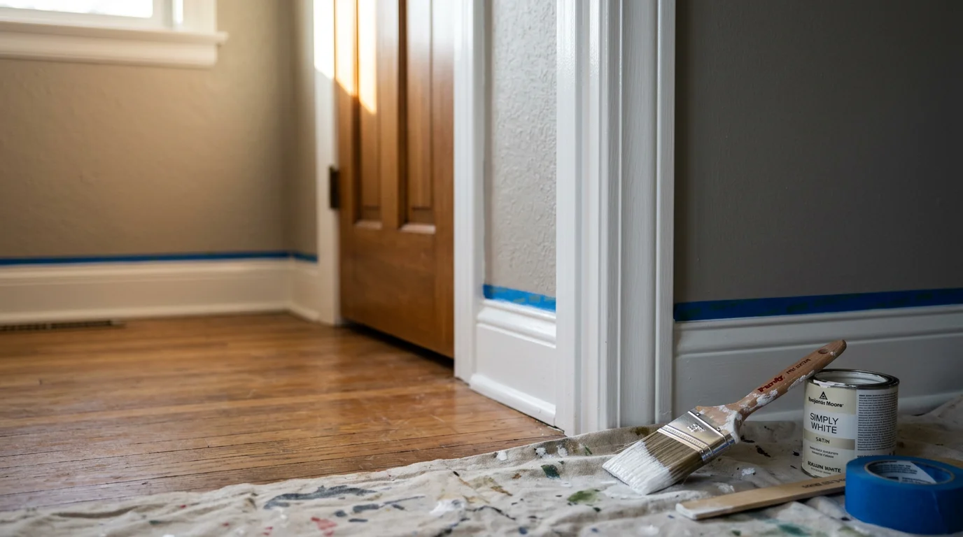 Freshly painted white interior trim along a baseboard and door casing in a Warrenton, Missouri home, showing clean edges where the trim meets a neutral-colored wall. Close-up view highlights smooth, even coverage with no brush marks or paint bleed onto the adjacent wall surface.
